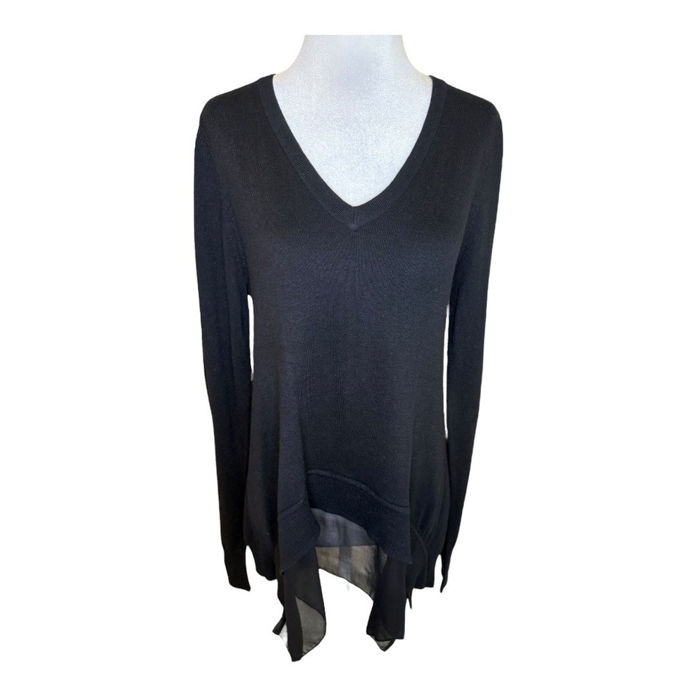 Chelsea & Theodore Black V-Neck Sweater w/ Chiffon Hem Elegant‎ & Modern Medium